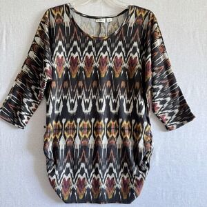 Cato Womens Large Multicolor Ikat Print‎ 3/4 Sleeve Pullover Boho Tunic